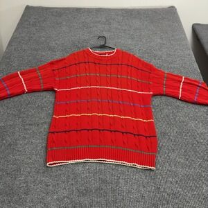 Vintage Boston Clipper Sweater Mens L Red Cotton Striped Cable Knit Crewneck